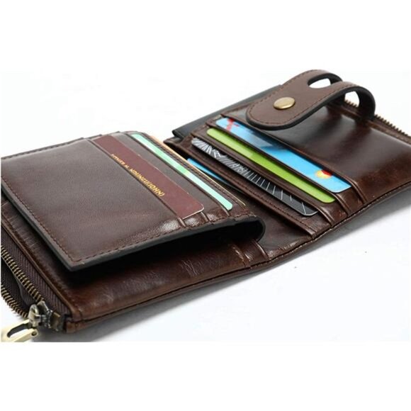 Bifold Rfid Wallets for Men Coin Purse Keychain Snap Zip Wallet with Chain - Picture 4 of 7